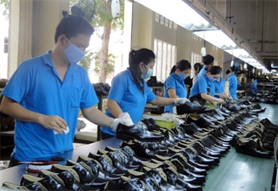 Công nhân kiểm tra, phân loại giày trước khi đóng gói sản phẩm tại Công ty Giày da Bình Định